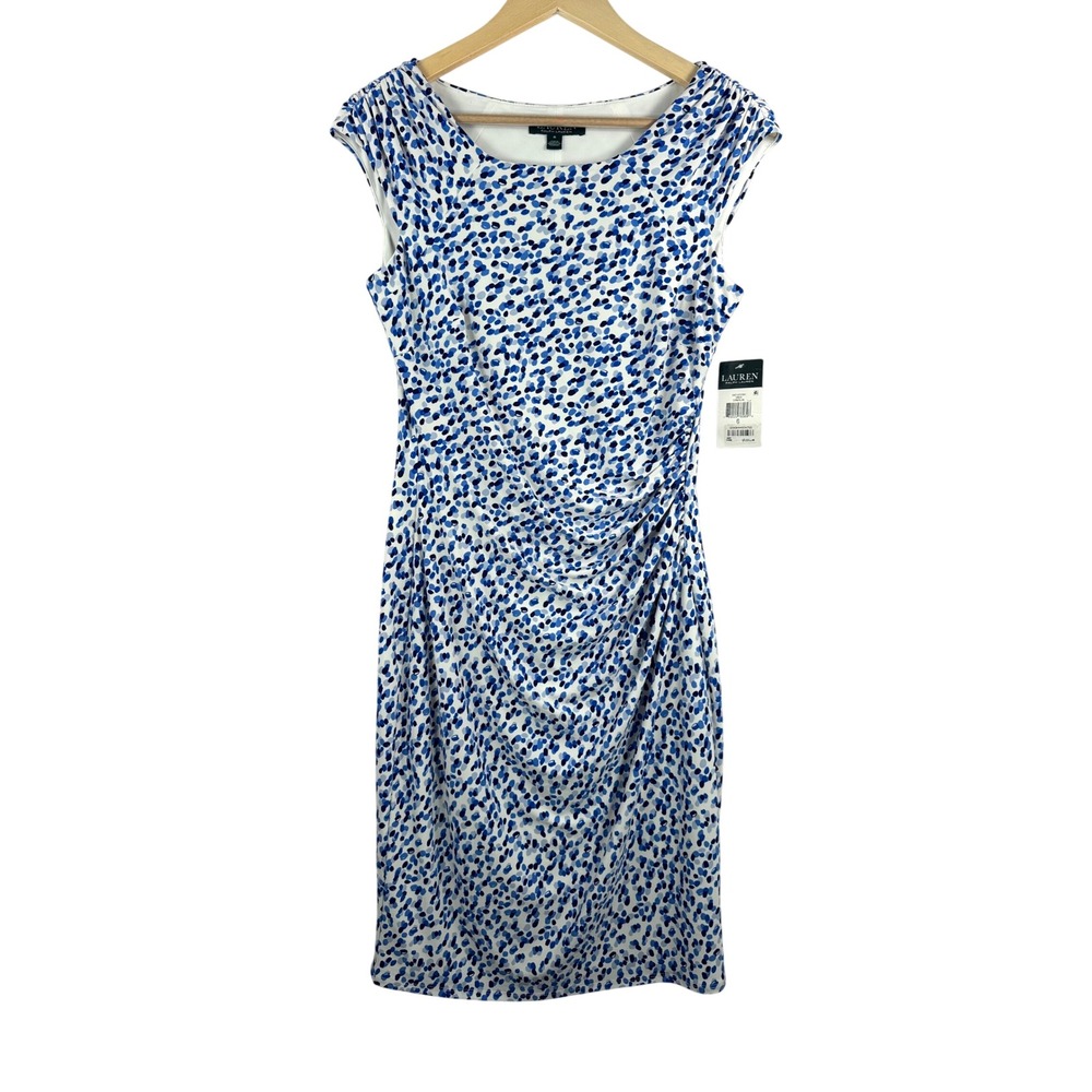 Lauren Ralph Lauren Sheath Dress sz 6 Blue White polka dot boho classic - Picture 2 of 9